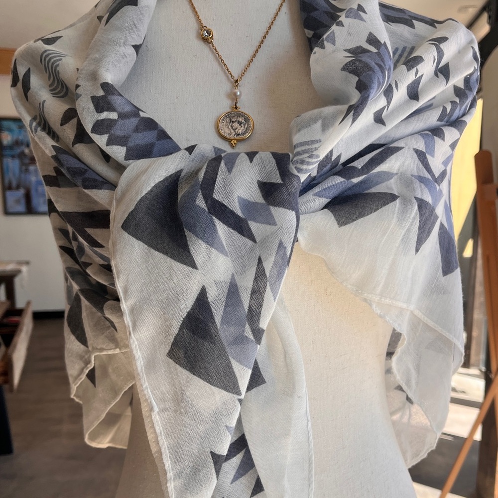 Geometric Patterned Scarf in Blue and White